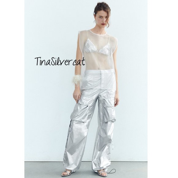 BLOGGER'S FAVE! Zara Sequin Appliqué Bikini Top Silver NWT - Picture 16 of 17